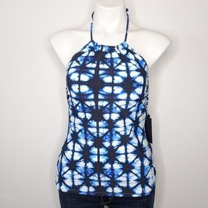 NWT Tommy Hilfiger blue white tie neck halter tankini bikini top XS